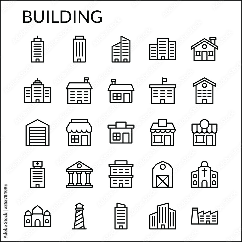 Simple Building Line Style Contain Such Icon as Apartment, Office, Shop, Retail, Street Vendor, Lighthouse, Barn, Hospital, School, Police, Church, Mosque, Home and more. 64 x 64 Pixel Perfect Simple Building Line Style Contain Such Icon as Apartment, Office, Shop, Retail, Street Vendor, Lighthouse, Barn, Hospital, School, Police, Church, Mosque, Home and more. 64 x 64 Pixel Perfect