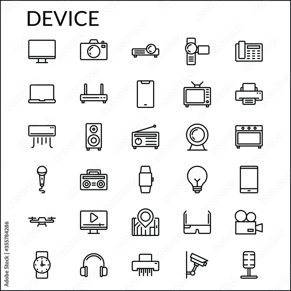 Simple Device and Electronics Icons in Line Style Contain Such Icon as Computer, Laptop, Smart Phone, Webcam, CCTV, Air Conditioner, Handycam, Camera, Television and more. 64 x 64 Pixel Perfect