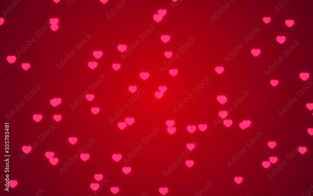 Valentine day pink hearts light on red background.