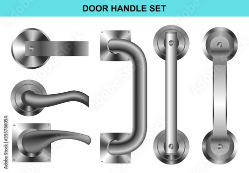 Metal handles door for interior room in office, home or hotel. vector realistic set silver , modern chrome shape background clean , object emblem isolated
