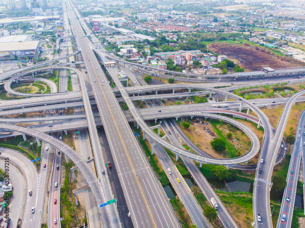 Aerial view city transport curve return road with car