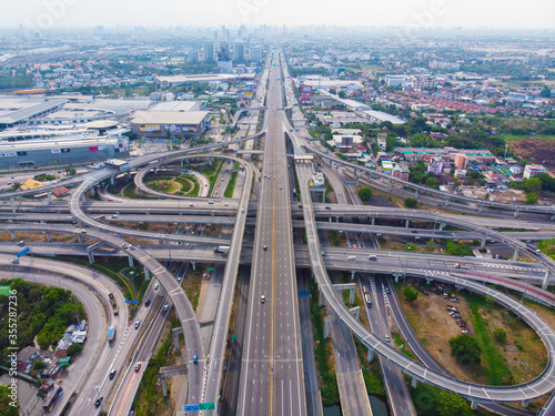 Aerial view city transport curve return road with car