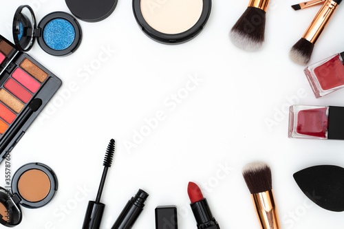 set decorative cosmetics with text space on white