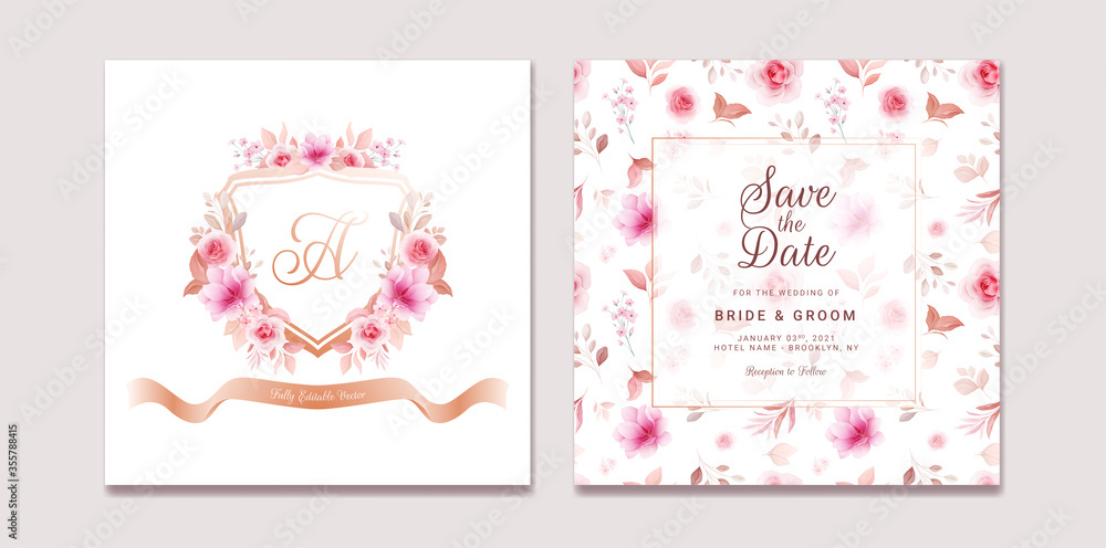 Wedding invitation template set with romantic floral crest and pattern. Roses and sakura flowers composition vector for save the date, greeting, celebration card vector