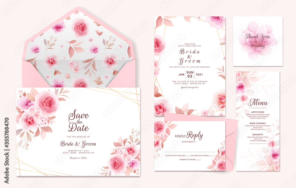 Wedding invitation template suite with floral border, pattern. Roses and sakura flowers composition for save the date, greeting, thank you, rsvp, menu, envelope card Wedding invitation template suite with floral border, pattern. Roses and sakura flowers composition for save the date, greeting, thank you, rsvp, menu, envelope card