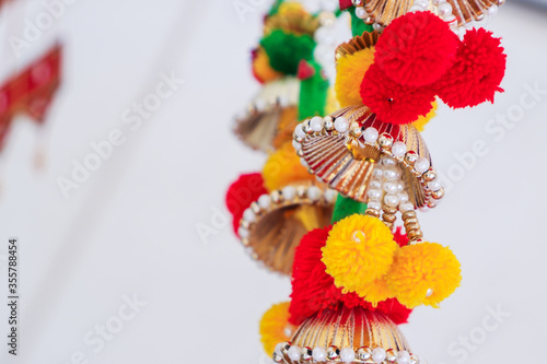 Indian Hindu wedding ceremony ritual items and decorations close up