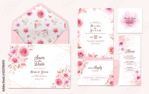 Wedding invitation template suite with floral border, pattern. Roses and sakura flowers composition for save the date, greeting, thank you, rsvp, menu, envelope card