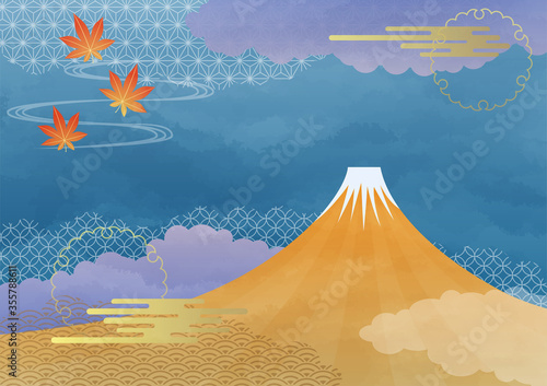 illustration of autumn sky and Mt Fuji