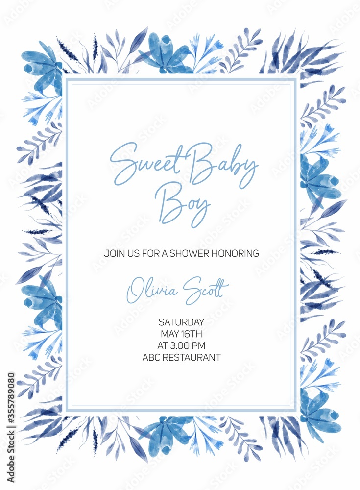 Obraz premium Invitation wedding card. baby shower party. flowers. roses. peonies. leaves. blue. indigo. template. frame.