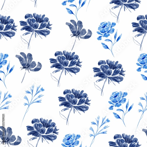 Flowers leaves seamless pattern Indigo blue for fabric and textiles
