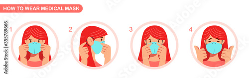 How to wear medical mask instructions. COVID-19 pandemic with surgical mask. Woman wear protective mask against infectious diseases. Scalable and editable vector illustration.