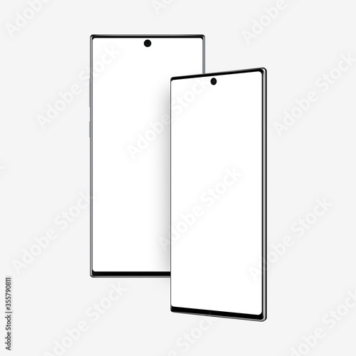 Modern frameless smartphones with front and perspective side view isolated on white background. Vector illustration