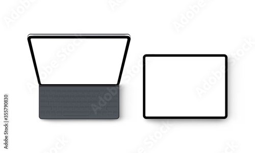 Two modern tablet computers mockups isolated on white background, view from above. Vector illustration