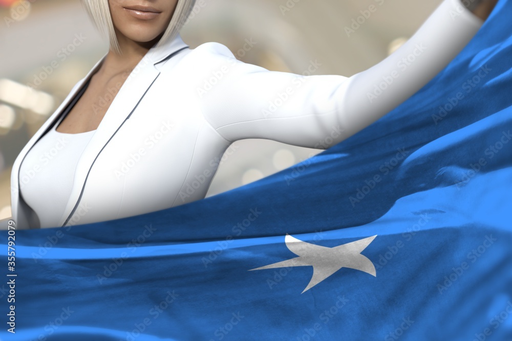 sexy business woman holds Somalia flag in front on the mall background -  flag concept 3d illustration Stock Illustration | Adobe Stock