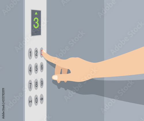 Hand pressing elevator button. Lift buttons panel. Flat vector illustration.