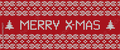 Merry Christmas hand-knitted post card. Red winter sweater texture. Editable cozy warm realistic banner.