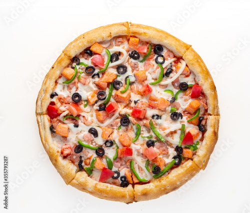 Pizza with ingredients on a white background top view