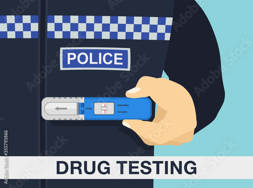 Traffic police officer holding a drug testing kit. Front view. Flat vector illustration.