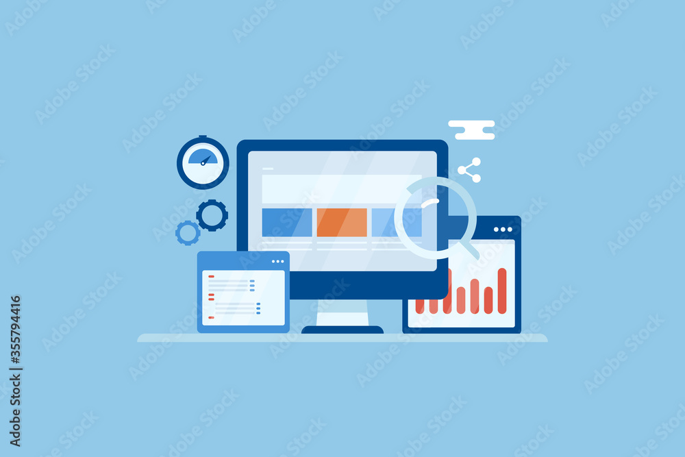 Seo optimization, web traffic analysis, seo coding and digital marketing, online business seo data report, web page loading concept. Marketing and technology concept with flat design web banner. Seo optimization, web traffic analysis, seo coding and digital marketing, online business seo data report, web page loading concept. Marketing and technology concept with flat design web banner.