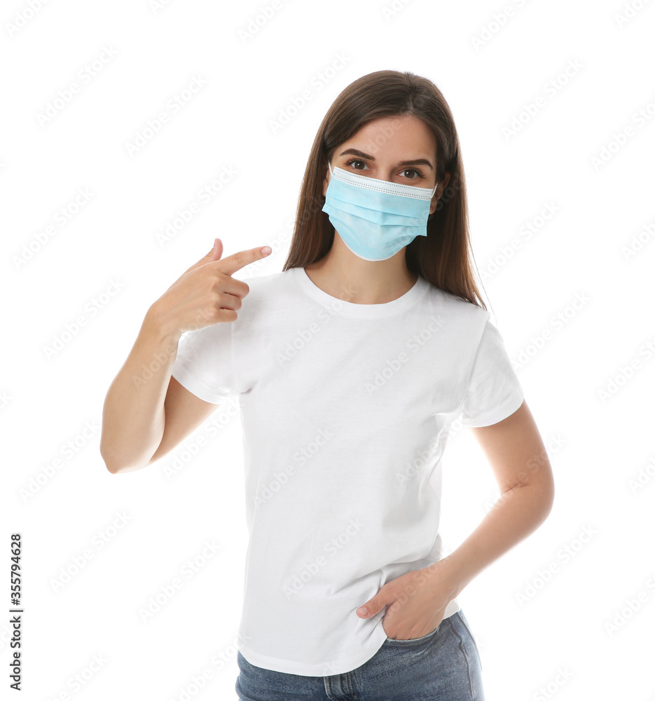 Female volunteer in mask on white background. Protective measures during coronavirus quarantine Female volunteer in mask on white background. Protective measures during coronavirus quarantine