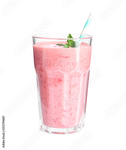Tasty strawberry smoothie with mint in glass isolated on white