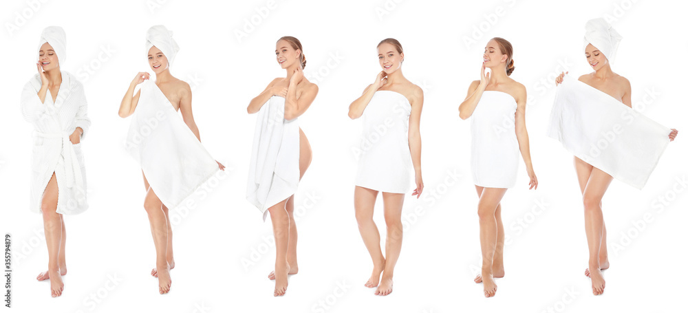 Naklejka premium Beautiful woman with towel on white background, collage. Banner design