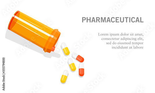 Vector illustration of a medicine bottle open with pills, capsules, and tablet medicine. Suitable for illustrations of pharmaceutical activities, chemical drugs, and healing therapies for diseases. 