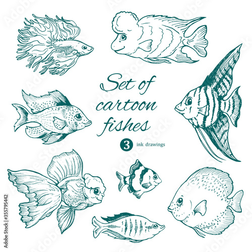 set of aquarium fishes on white. cartoon ink drawings