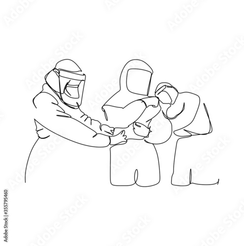 Medical team in protective suit helping their friend fixing the suit. Continuous single line illustration drawing vector