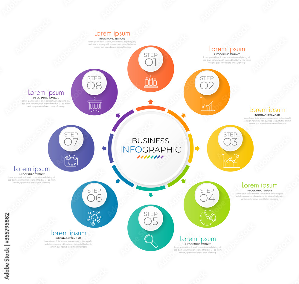Circle chart template can be used for workflow layout, diagram, number options, web design. Infographic business concept with 8 option, parts, steps or processes. Abstract background. Circle chart template can be used for workflow layout, diagram, number options, web design. Infographic business concept with 8 option, parts, steps or processes. Abstract background.