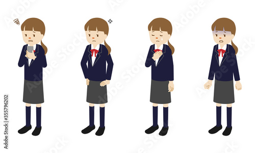 Illustration set of 4 poses of a female High school student standing