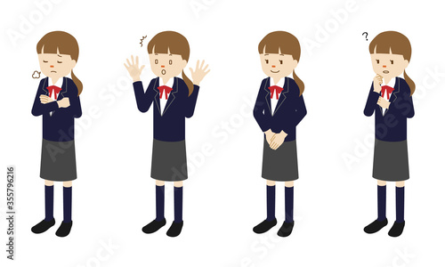 Illustration set of 4 poses of a female High school student standing