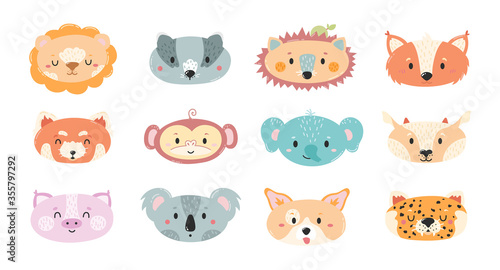 Cartoon cute animals for baby cards and invitations. Vector illustration of a lion, elephant, dog, badger, hedgehog, panda, antelope, pig, koala, leopard, fox.