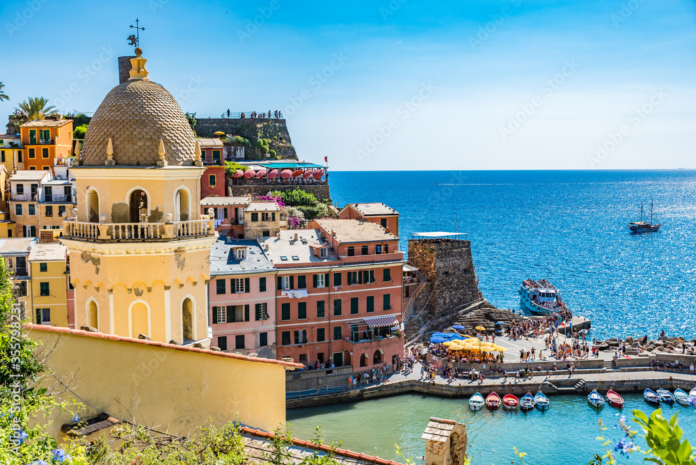 Aerial view of Vernazza, a town and comune located in the province of La Spezia, Liguria, northwestern Italy,  one of the five towns that make up the Cinque Terre region.