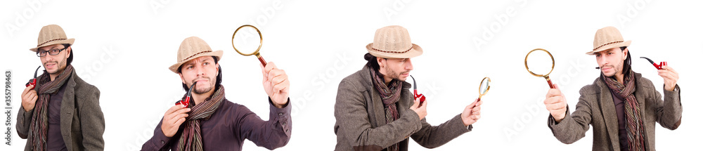 Young detective with pipe isolated on white Young detective with pipe isolated on white