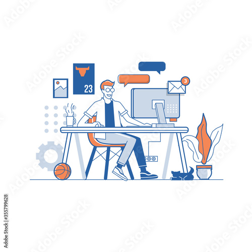 Working at home, coworking space, concept illustration. Young people, man and woman freelancers working on laptops and computers at home. People at home in quarantine. Vector flat style illustration