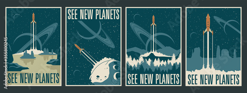 Retro Futurism Space Posters, Space Journes, Tourism, Alien Planets Landscapes, Mid Century Modern Style Rockets
