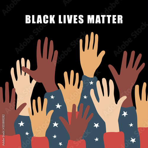 black lives matter  poster,banner, Black lives matter, crowd of people protesting for their rights. Holding posters in hands, no racism banner. Vector illustration in flat cartoon style on isolated 