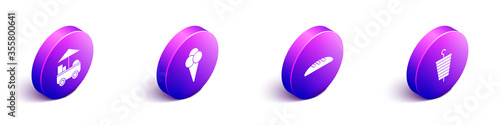Set Isometric Fast street food cart, Ice cream in waffle cone, Bread loaf and Grilled shish kebab icon. Vector