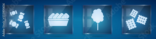 Set Candy, Chicken nuggets in box, Cotton candy and Cracker biscuit. Square glass panels. Vector
