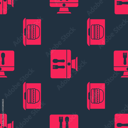 Set Online ordering burger delivery and Online ordering and delivery on seamless pattern. Vector