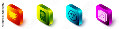 Set Isometric Coffee cup, Passport, Wi-Fi wireless internet network and Photo icon. Vector