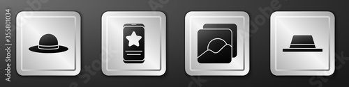 Set Elegant women hat, Mobile with review rating, Photo and Man hat with ribbon icon. Silver square button. Vector