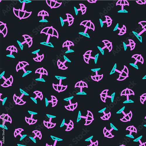 Line Sun protective umbrella for beach icon isolated seamless pattern on black background. Large parasol for outdoor space. Beach umbrella. Vector Illustration