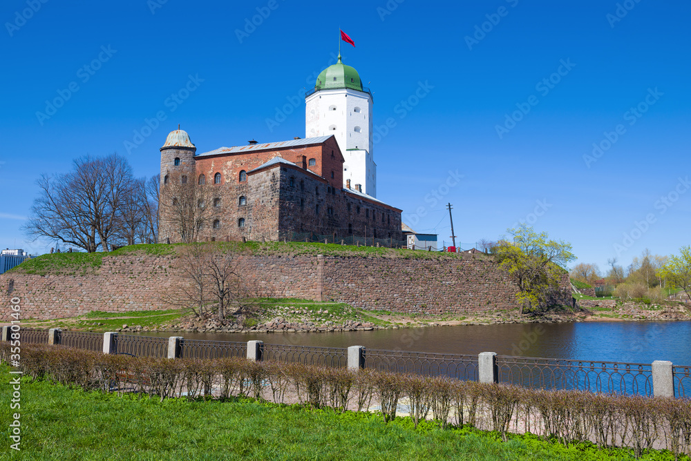 View of the medieval Vyborg castle on a sunny May day. Leningrad region, Russia