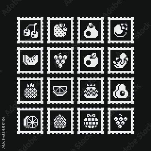 Wallpaper Mural Fruits pixel art black and white icons set, berry, cherry, apple, pear, lemon, orange, banana, pineapple, grape and strawberry. Design for logo, sticker and mobile app. Isolated vector illustration. Torontodigital.ca