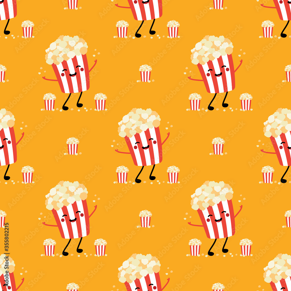 Cute popcorn bucket character smiling, having fun, throwing up popcorn