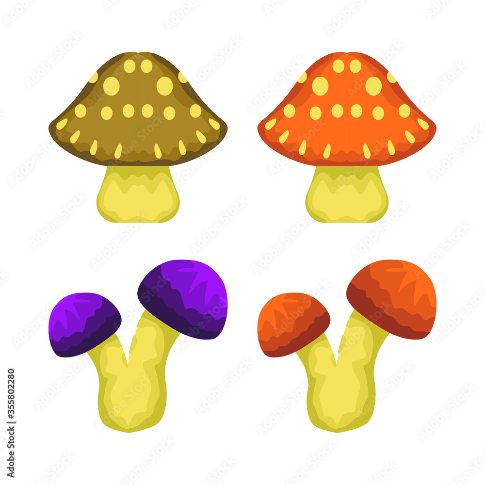 Set of Simple Vector Design of a Mushrooms in Brown, Orange and Purple