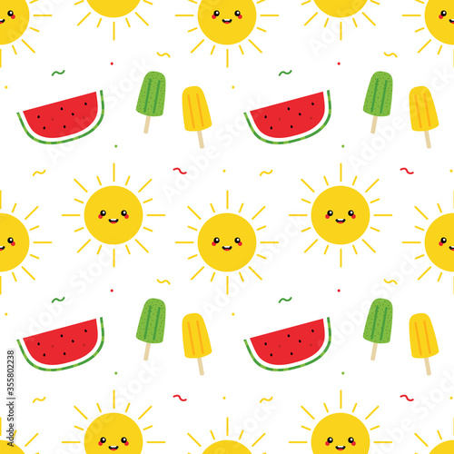 Colorful summer vector seamless pattern background with cute sun character, popsicles and flip flops.