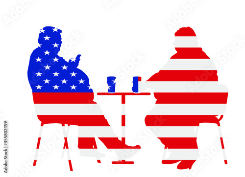 United States of America flag over fat friends sitting and drinking beer in pub vector isolated. Big boys talking and enjoy in drink. Overweight person. Boy with mobile phone.